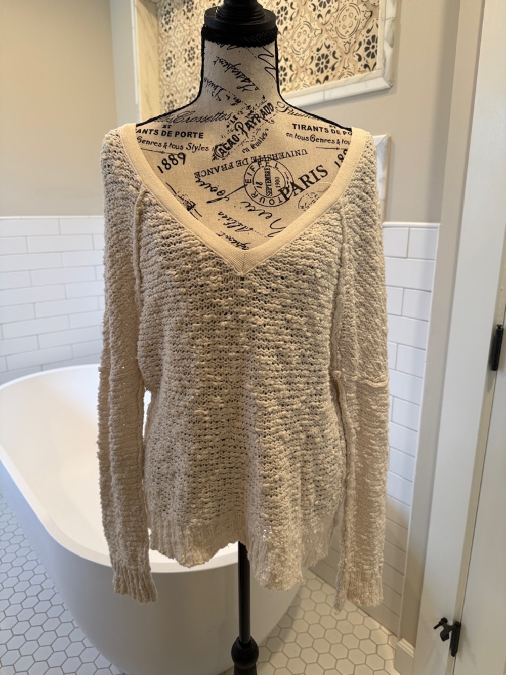 Free People Cream V-Neck Textured Knit Sweater